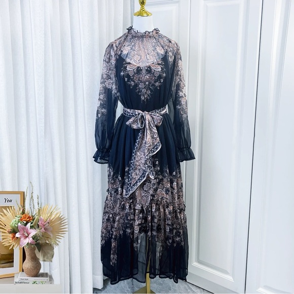 Dresses & Skirts - Designer-Style Black and Brown Paisley Chiffon Dress